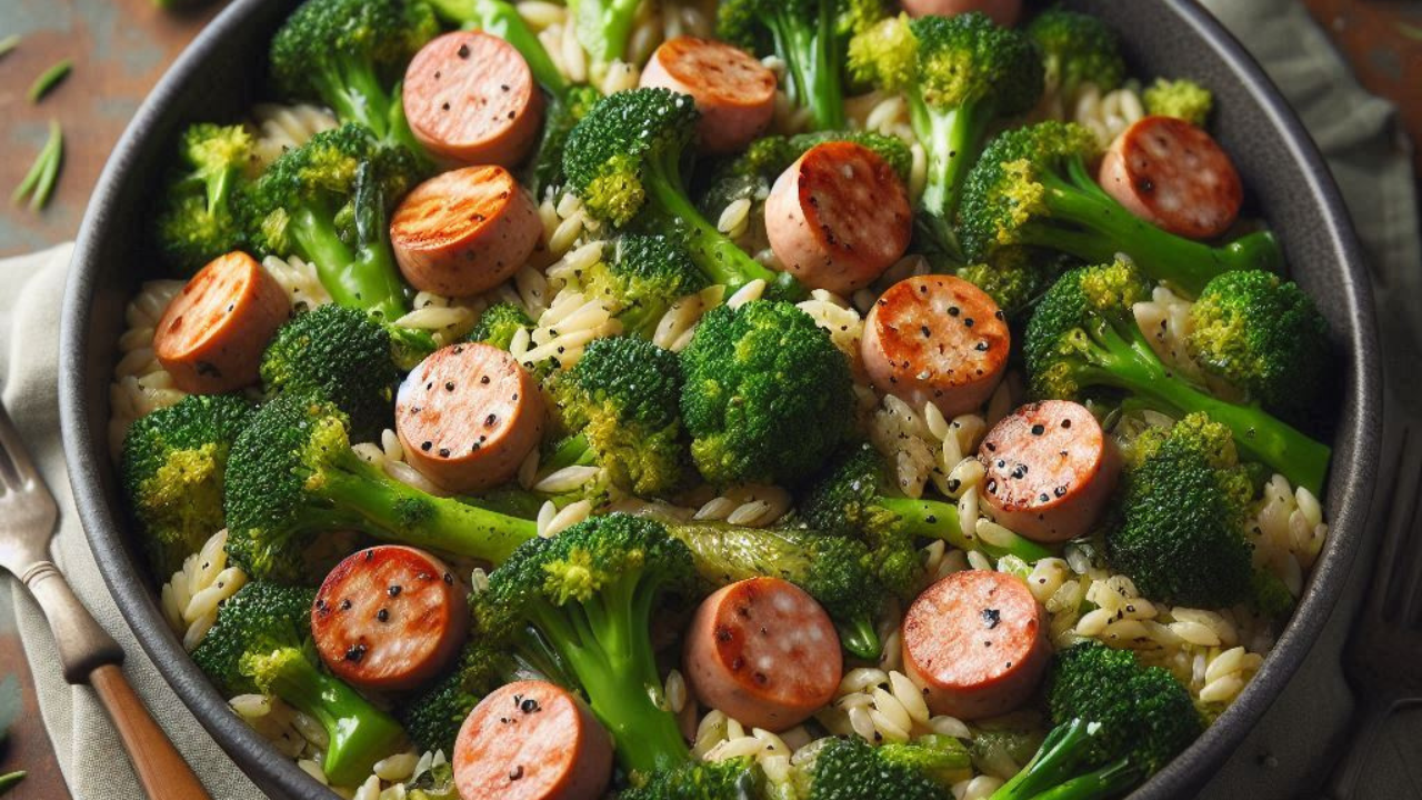 Broccolini, Chicken Sausage & Orzo Skillet - number33